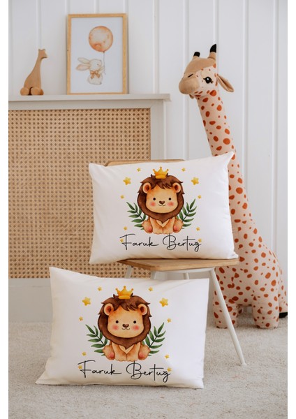 %100 Pamuk Isme Özel 2li Ekru Bebek Yastık Kılıfı 35X45 Cm-Aslan