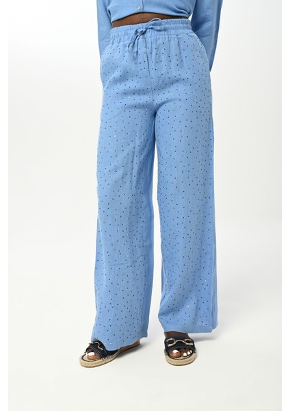 Kadın Beli Lastikli Bol Paça Önü Taş Işlemeli %100 Keten Pantolon