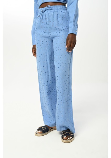 Kadın Beli Lastikli Bol Paça Önü Taş Işlemeli %100 Keten Pantolon fiyatları