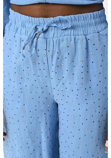Kadın Beli Lastikli Bol Paça Önü Taş Işlemeli %100 Keten Pantolon modelleri