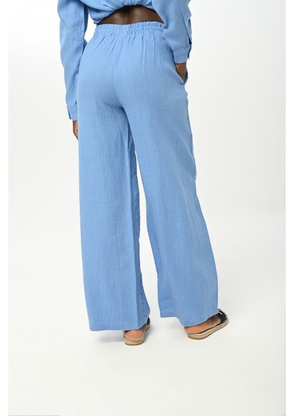 Kadın Beli Lastikli Bol Paça Önü Taş Işlemeli %100 Keten Pantolon fırsatları