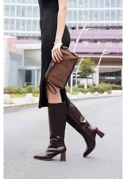 Kadın Sivri Burun Kalın Topuklu Çizme Alenta Kahve Croco fırsatları