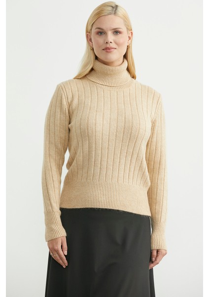 Tam Balıkçı Kalın Fitilli Triko Kazak - Karamel