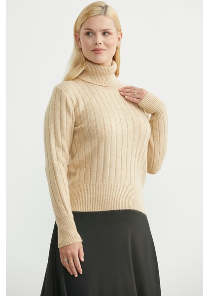 Tam Balıkçı Kalın Fitilli Triko Kazak - Karamel modelleri