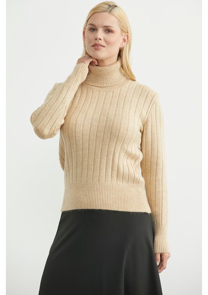 Tam Balıkçı Kalın Fitilli Triko Kazak - Karamel fırsatları