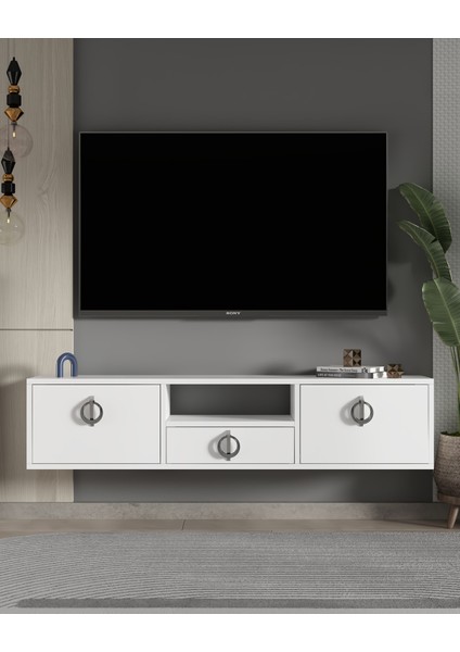 1322DROPDD-32 Duvara Montaj Tv Sehpası-Beyaz-Gümüş