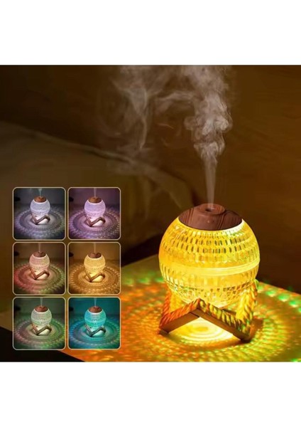 Sonx Renkli Kristal Küre Tasarımlı LED Işıklı Hava Nemlendirici – Sessiz Çalışma ve Ahşap Desenli Kapak