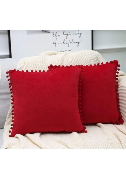 2'li Ponponlu Kırlent Kılıf Seti - Kırmızı - 40X 40