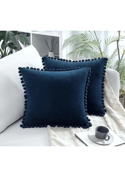 2'li Ponponlu Kırlent Kılıf Seti - Lacivert - 40 x 40