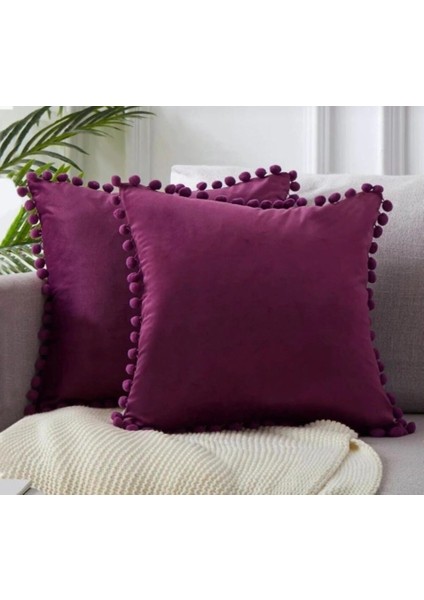 2'li Ponponlu Kırlent Kılıf Seti - Bordo - 40 x 40