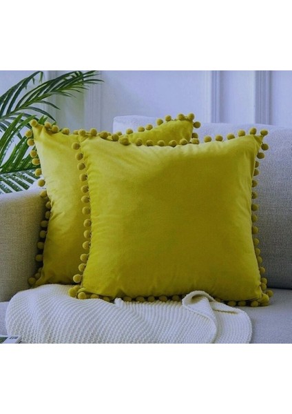 2'li Ponponlu Kırlent Kılıf Seti - Sarı - 40 x 40