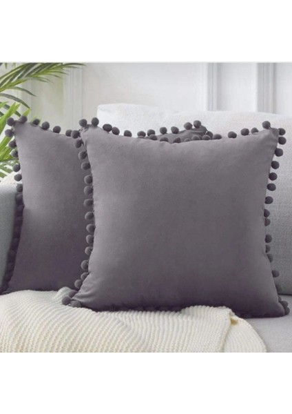 2'li Ponponlu Kırlent Kılıf Seti - Gri - 40 x 40