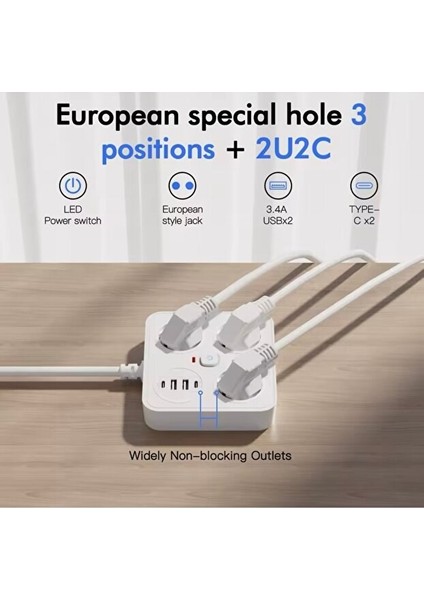 Aşırı Yük Koruyucu Avrupa Soket Kartı Priz Tip-C USB 2 M Uzatma Kablosu Emniyet Anahtarı ile fırsatları