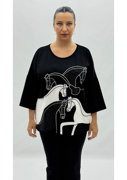 Büyük Beden Taşlı Kapri Kol Oversize Kadın Bluz