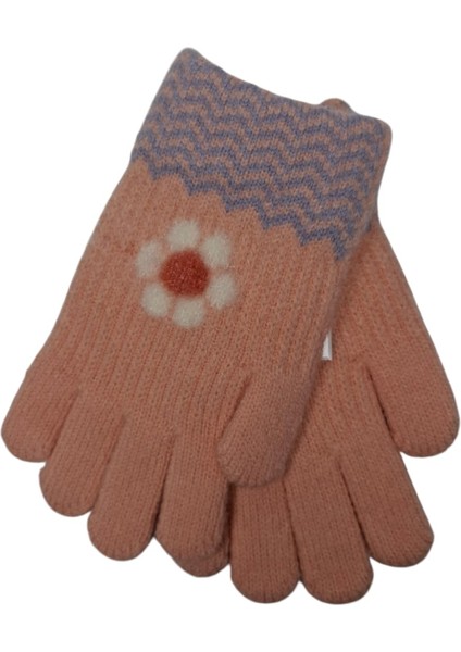 Spteks Kitti 4-8 Yaş Kız Çocuk Açık Pembe Renk Çiçek Desenli Örme Kışlık Eldiven