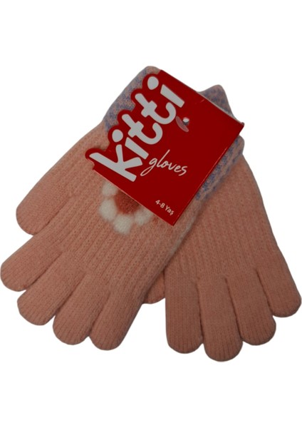 Spteks Kitti 4-8 Yaş Kız Çocuk Açık Pembe Renk Çiçek Desenli Örme Kışlık Eldiven modelleri