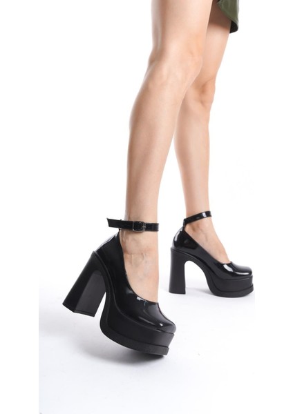 Kadın Della Bilekten Bağlamalı (12CM) Platform Topuklu Ayakkabı Siyah Rugan modelleri