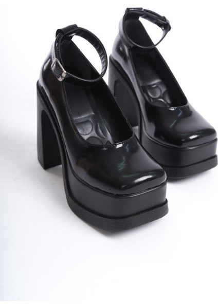 Kadın Della Bilekten Bağlamalı (12CM) Platform Topuklu Ayakkabı Siyah Rugan fırsatları