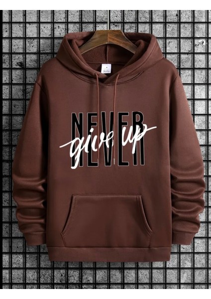Punıx Büyük Beden Özel Tasarım Kapüşonlu Never Gıve Up Baskılı %100 Pamuk Oversize Erkek Sweatshırt