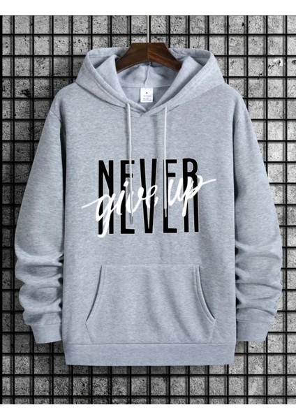 Punıx Büyük Beden Özel Tasarım Kapüşonlu Never Gıve Up Baskılı %100 Pamuk Oversize Erkek Sweatshırt