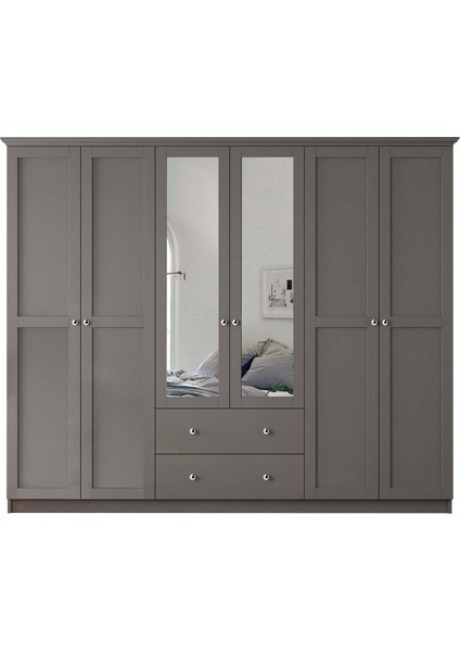 Smart 6 Kapaklı 2 Çekmeceli Antrasit Aynalı Gardırop