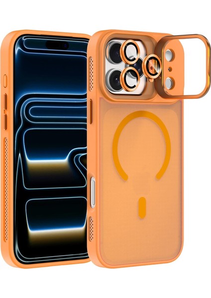 Apple iPhone 17 Pro Lens Hediyeli Kapak Kamera Korumalı Wireless Şarj Özellikli Standlı Premium Kılıf - Turuncu