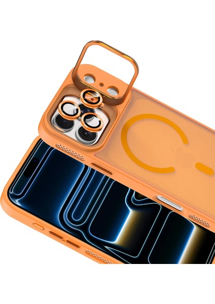 Apple iPhone 17 Pro Lens Hediyeli Kapak Kamera Korumalı Wireless Şarj Özellikli Standlı Premium Kılıf - Turuncu modelleri