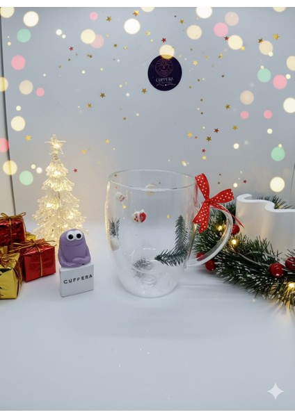 Yılbaşı Temalı Çift Cidarlı Borosilikat Cam Noel Babalı Çam Dalı Kupa