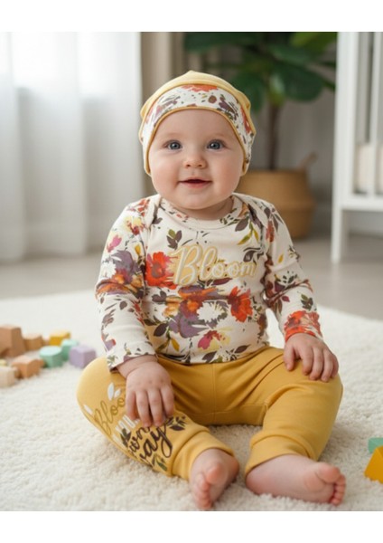 Erkek-Kız Bebek Omuz Genişletmeli Çıtçıtlı Body Pijama Bere Takımı, %100 Pamuk , Modern Tasarım