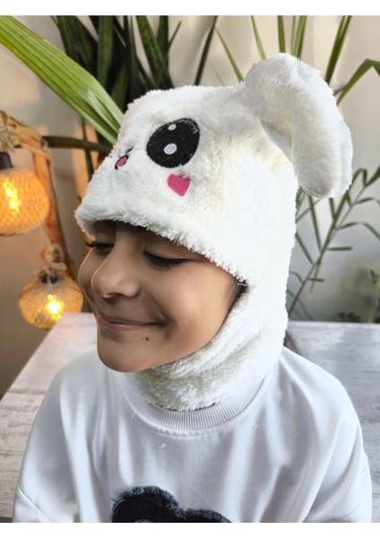Kız Erkek Unisex Kendinden Boyunluklu Bere Peluş Figürlü Yumuşak Kulak Korumalı Beyaz
