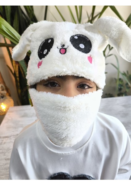 Kız Erkek Unisex Kendinden Boyunluklu Bere Peluş Figürlü Yumuşak Kulak Korumalı Beyaz