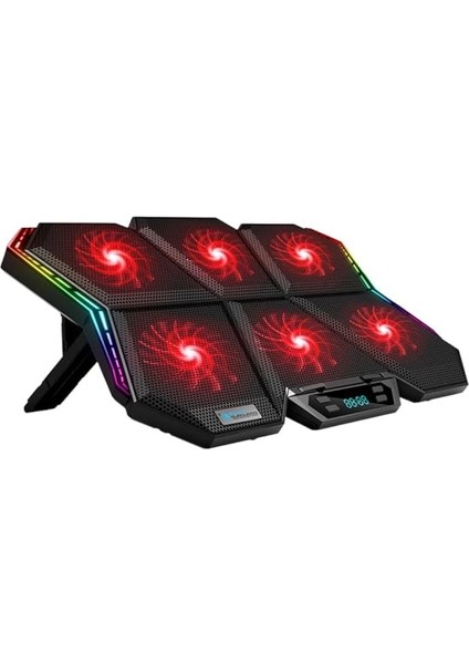 6 Fanlı Rgb Işıklı Dijital Ekranlı Laptop Soğutucu Stand, 7 Kademeli Yükseklik Ayarlı Süper Soğutucu Stand