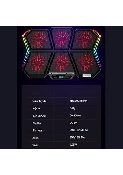 6 Fanlı Rgb Işıklı Dijital Ekranlı Laptop Soğutucu Stand, 7 Kademeli Yükseklik Ayarlı Süper Soğutucu Stand indirimleri
