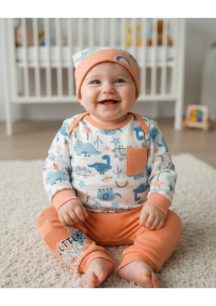 Erkek-Kız Bebek Omuz Genişletmeli Çıtçıtlı Body Pijama Bere Takımı, %100 Pamuk , Modern Tasarım