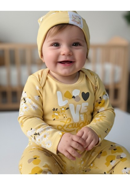 Erkek-Kız Bebek Omuz Genişletmeli Çıtçıtlı Body Pijama Bere Takımı, %100 Pamuk , Modern Tasarım