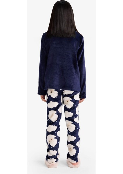 Kız Çocuk Pijama Takımı Pelüş Baskılı Uzun Kollu Üst Desenli Uzun Alt D1083A825WN