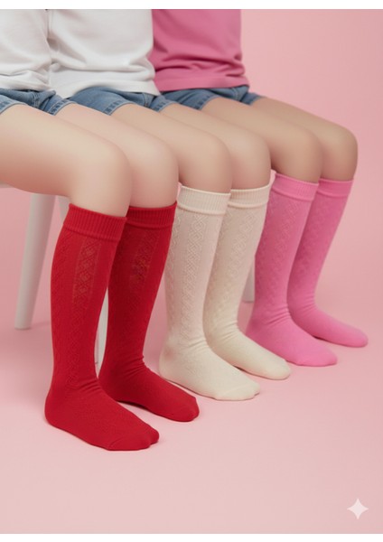 Kız Çocuk Diz Altı Çorap Kendinden Desenli Pamuklu Nefes Alabilir Terletmez 3'lü Paket