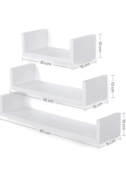 Duvar Rafları, 3'lü Set, Yüzer Raflar, 30/45/60 Cm, Dekoratif, Yaratıcı, Yatak Odaları, Oturma Odaları, Mutfaklar ve Koridorlar Için, 15 Kg'a Kadar Yüklenebilir, Beyaz LWS66W modelleri