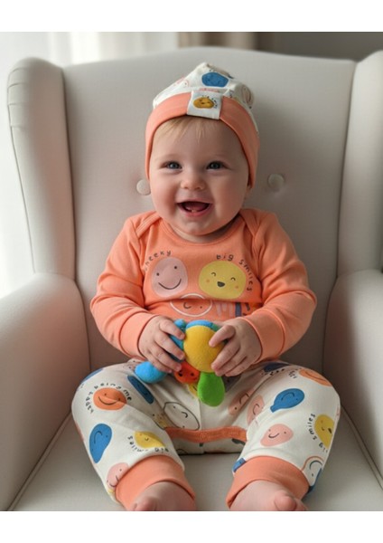 Erkek-Kız Bebek Omuz Genişletmeli Çıtçıtlı Body Pijama Bere Takımı, %100 Pamuk , Modern Tasarım