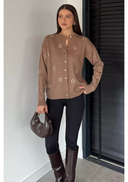 Kalp Nakışlı Kadın Triko Hırka (S-M-L Uyumludur) P-00018884