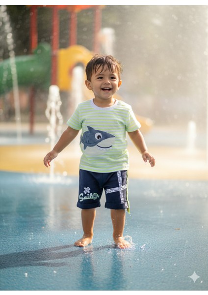 Erkek Bebek Şortlu Takım Köpek Balığı Aplikeli