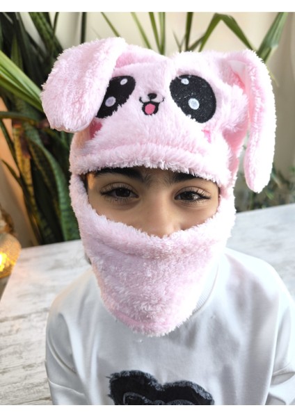 Kız Erkek Unisex Kendinden Boyunluklu Bere Peluş Figürlü Yumuşak Kulak Korumalı Pembe
