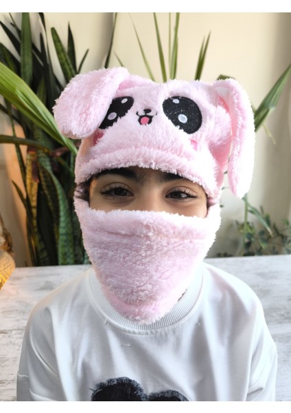 Kız Erkek Unisex Kendinden Boyunluklu Bere Peluş Figürlü Yumuşak Kulak Korumalı Pembe