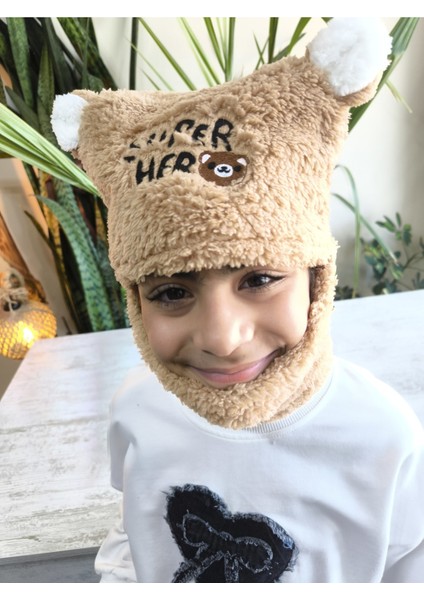 Kız Erkek Unisex Kendinden Boyunluklu Bere Peluş Figürlü Yumuşak Kulak Korumalı Açık Kahve