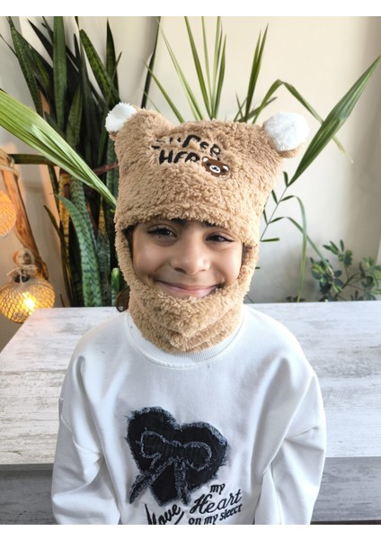 Kız Erkek Unisex Kendinden Boyunluklu Bere Peluş Figürlü Yumuşak Kulak Korumalı Açık Kahve modelleri