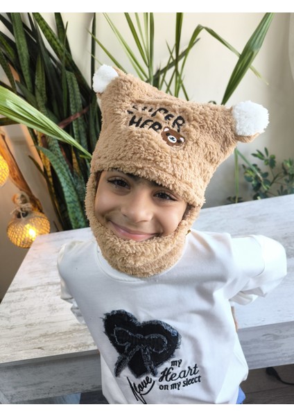 Kız Erkek Unisex Kendinden Boyunluklu Bere Peluş Figürlü Yumuşak Kulak Korumalı Açık Kahve fırsatları