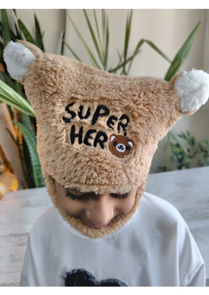 Kız Erkek Unisex Kendinden Boyunluklu Bere Peluş Figürlü Yumuşak Kulak Korumalı Açık Kahve