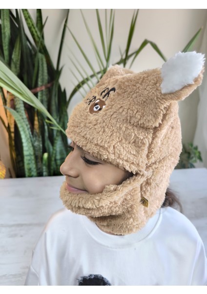 Kız Erkek Unisex Kendinden Boyunluklu Bere Peluş Figürlü Yumuşak Kulak Korumalı Açık Kahve