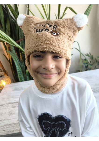 Kız Erkek Unisex Kendinden Boyunluklu Bere Peluş Figürlü Yumuşak Kulak Korumalı Açık Kahve