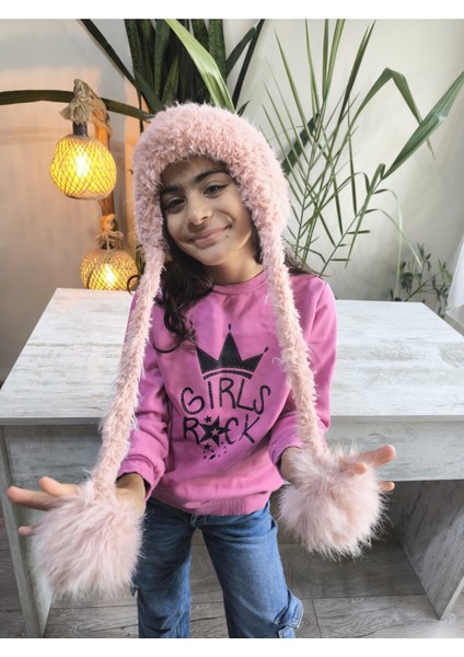 Kız Çocuk Uzun Ponponlu Kulağı Kapatan Bere Peluş Puf Puf Yumuşacık Pudra